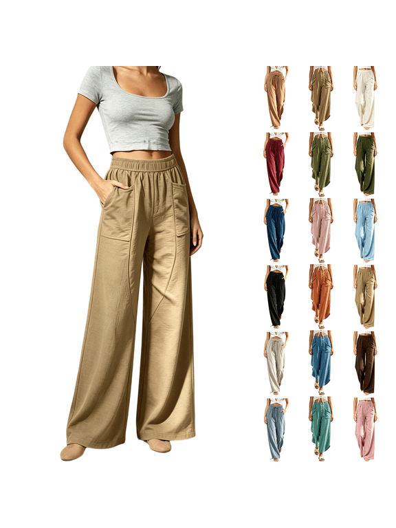 Womens Loose Casual Long Pants with Pockets, Elastic Drawstring Waist Comfy Plus Size Pants, Lounge Summer Travel Daily Wear | VerBelle,Gray 2XL