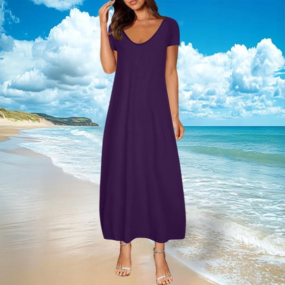 Womens Loose Casual Maxi Dress Short Sleeve V Neck Solid Color Flowy Long Dress for Loungewear Daily Wear Purple S