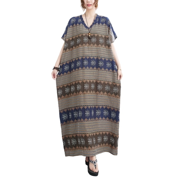 Womens Loose Casual V Neck Print Stripe Short Sleeve Midi Summer Dress GA2613 Blue