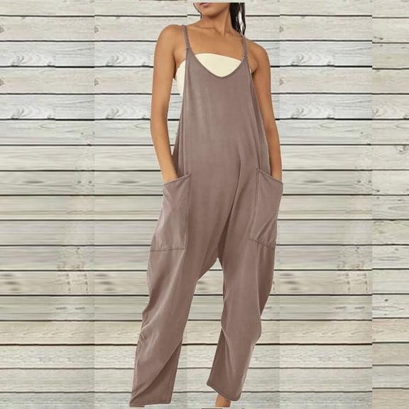 Womens Loose Casual V Neck Sleeveless Jumpsuits 2024 Spring Solid Color Basic Adjustable Spaghetti Straps Harem Long Pants Overalls with Pockets，S-3XL