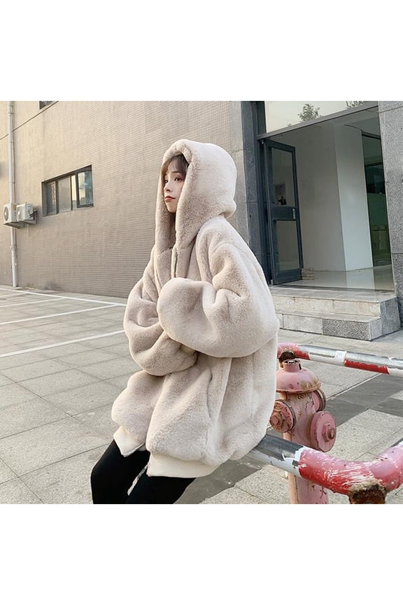 Womens Loose Coat Winter Imitating Rabbit Mid-length Thick Hooded Coat Fuzzy Jacket Women Womens Zip up Jacket Jacket Womens Jacket inside Pockets Details Jacket Women Zip Womens Jacket 1 Coat Or Warm