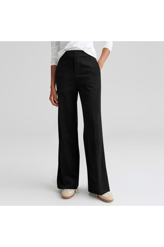 Womens Loose Corduroy Wide-Leg Pants Solid Color Partial Elastic Waist Side Pockets Soft Comfy Fabric Casual Sports Daily Office Weekend Fall Winter Fashion Ladies Wear Black S