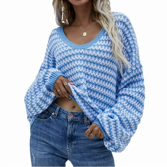 Womens Loose Crewneck Long Sleeve Stripped Off the Shoulder Knitted Solid Pullover Fall Jumper Tops Blue L