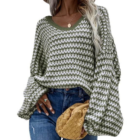 Womens Loose Crewneck Long Sleeve Stripped Off the Shoulder Knitted Solid Pullover Fall Jumper Tops Dark Green L