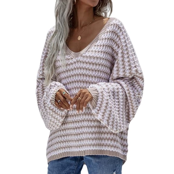 Womens Loose Crewneck Long Sleeve Stripped Off the Shoulder Knitted Solid Pullover Fall Jumper Tops Khaki XL