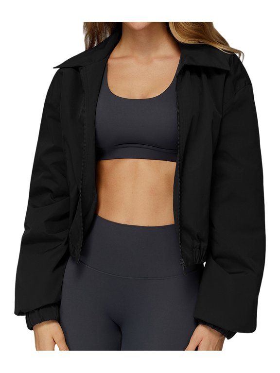 Womens Loose Cropped Jacket Zipper Windproof Warm Sports Outdoor Athletic Running Jacket Black M
