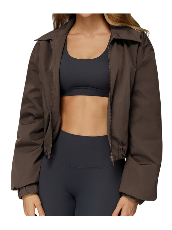 Womens Loose Cropped Jacket Zipper Windproof Warm Sports Outdoor Athletic Running Jacket Coffee Brown XL