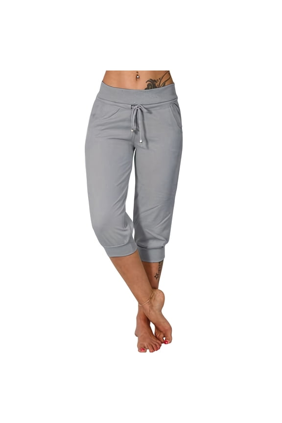 Womens Loose Drawstring Knee-length Pants Lounge Capri Yoga Joggers Pants with Pockets