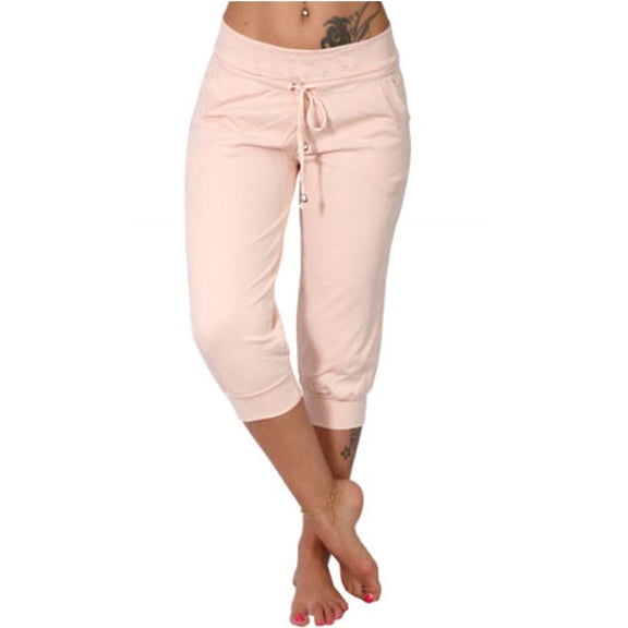 Womens Loose Drawstring Knee-length Pants Lounge Capri Yoga Joggers Pants with Pockets