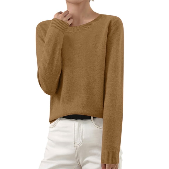 Womens Loose Fall Sweaters Long Sleeve Crewneck Ladies Sweater Pullover Casual Basic Knitted Tops Khaki, M