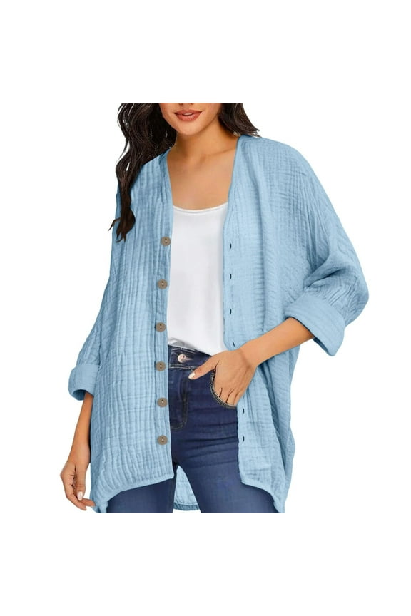 Womens Loose Fit Cardigan Plus Size Button Down Roll-up Long Sleeve Drawstring Beach Yoga Summer Solid T Shirt Tops