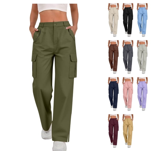 Womens Loose Fit Cargo Pants High Waisted Wide Leg Split Hem Streetwear Fall Y2K Fashion Trousers Bottoms with Utility Flap Pockets, Army Green, L