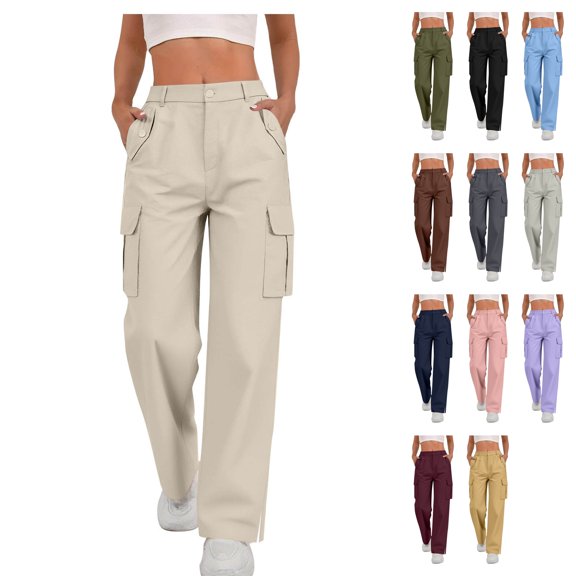 Womens Loose Fit Cargo Pants High Waisted Wide Leg Split Hem Streetwear Fall Y2K Fashion Trousers Bottoms with Utility Flap Pockets, Beige, L
