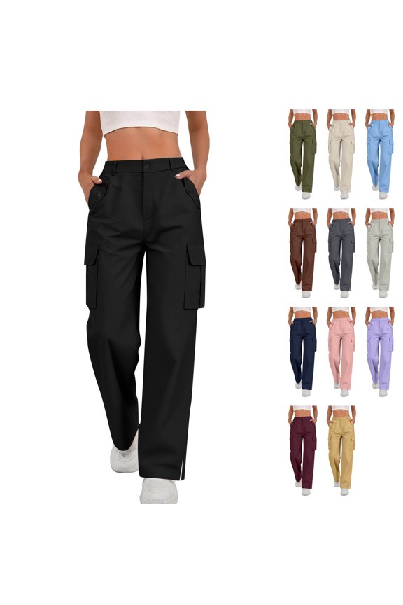 Womens Loose Fit Cargo Pants High Waisted Wide Leg Split Hem Streetwear Fall Y2K Fashion Trousers Bottoms with Utility Flap Pockets, Black, XXL