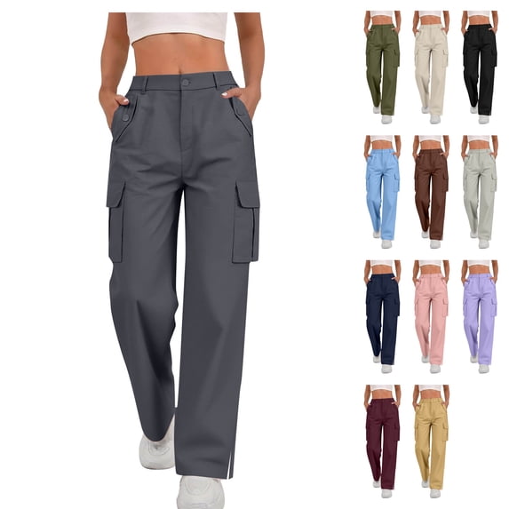 Womens Loose Fit Cargo Pants High Waisted Wide Leg Split Hem Streetwear Fall Y2K Fashion Trousers Bottoms with Utility Flap Pockets, Dark Gray, XL