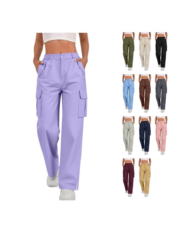 Womens Loose Fit Cargo Pants High Waisted Wide Leg Split Hem Streetwear Fall Y2K Fashion Trousers Bottoms with Utility Flap Pockets, Purple, L