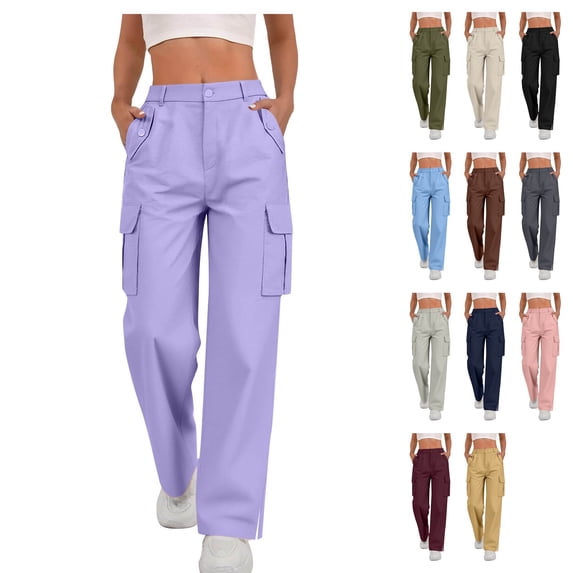 Womens Loose Fit Cargo Pants High Waisted Wide Leg Split Hem Streetwear Fall Y2K Fashion Trousers Bottoms with Utility Flap Pockets, Purple, S