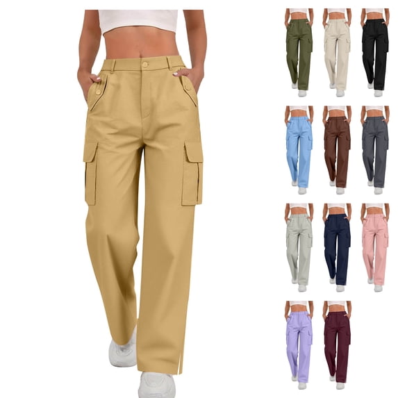 Womens Loose Fit Cargo Pants High Waisted Wide Leg Split Hem Streetwear Fall Y2K Fashion Trousers Bottoms with Utility Flap Pockets, Yellow, S