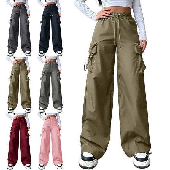 Womens Loose Fit Cargo Pants Straight Leg with Pockets Casual Long Trousers
