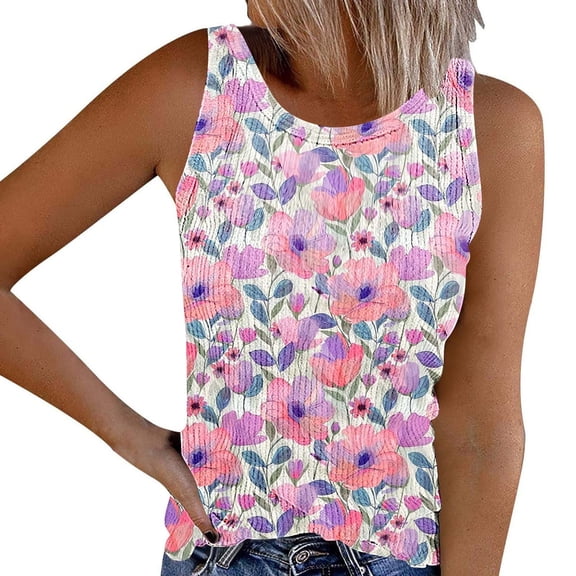 Womens Loose Fit Casual Flowy Tank Tops Crew Neck Trendy Textured Sleeveless Summer Tops