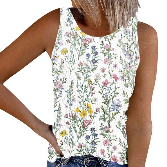 Womens Loose Fit Casual Flowy Tank Tops Crew Neck Trendy Textured Sleeveless Summer Tops
