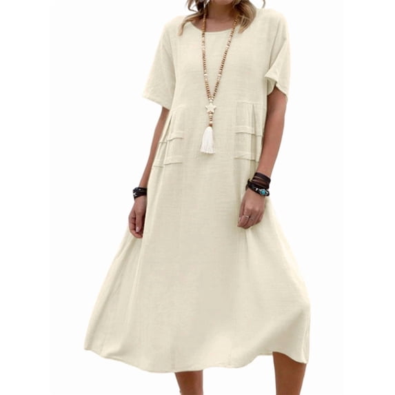 Womens Loose Fit Casual Linen Blend Solid Color Round Neck Short Sleeve Midi Dress Beach Khaki XL