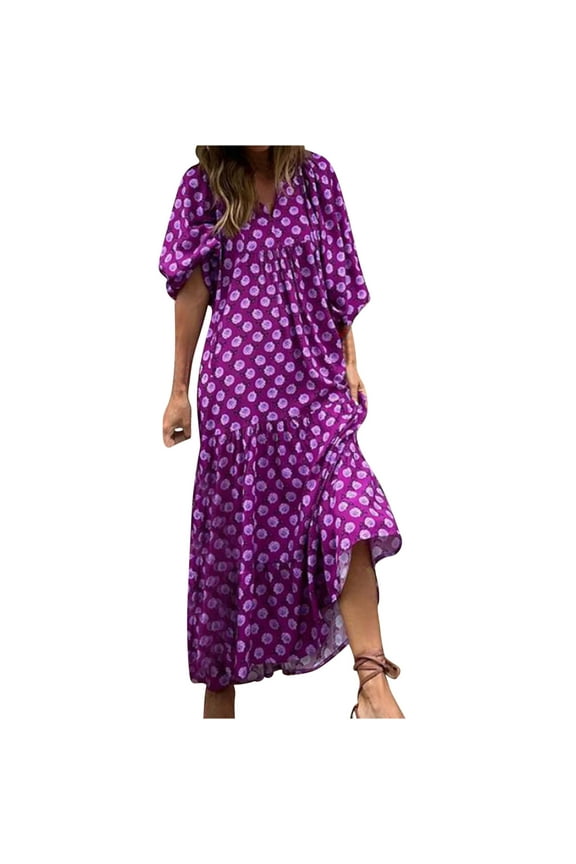 Womens Loose Fit Casual Summer V Neck Half Sleeve Bohemian Floral Pattern Maxi Long Dresses