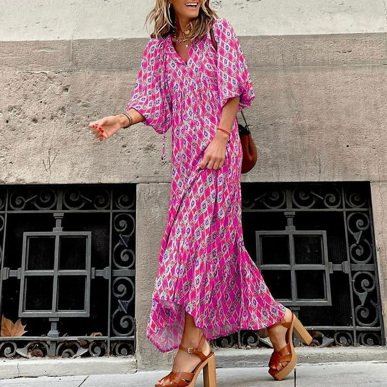 Casual Bohemian Print Rhombus Patchwork V Neck A Line Short Sleeve Dress Casual Bohemian Print Rhombus Patchwork V Neck A Line Short Sleeve Dress