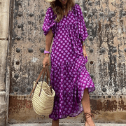 Womens Loose Fit Casual Summer V Neck Half Sleeve Bohemian Geometric Pattern Maxi Long Dresses