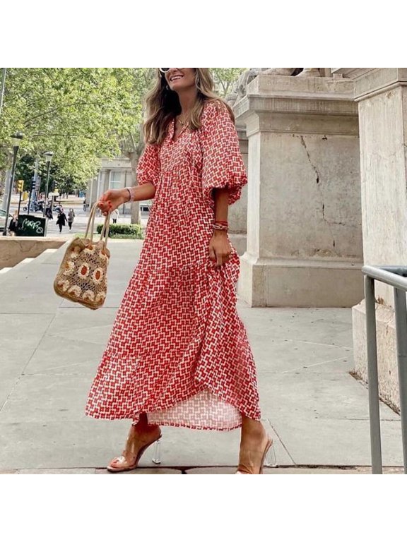 Womens Loose Fit Casual Summer V Neck Half Sleeve Bohemian Geometric Pattern Maxi Long Dresses