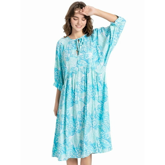 Womens Loose Fit Casual Summer V Neck Lace-Up Half Sleeve Bohemian Geometric Pattern Midi Dresses Emerald XXL