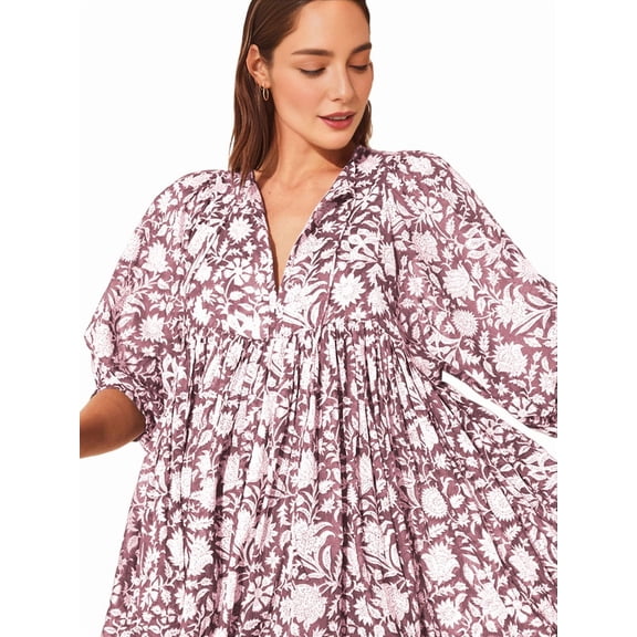 Womens Loose Fit Casual Summer V Neck Lace-Up Half Sleeve Bohemian Geometric Pattern Midi Dresses Lilac L