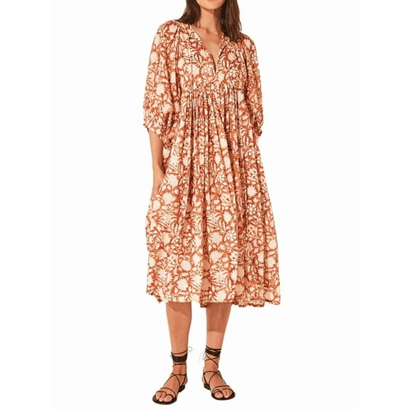 Womens Loose Fit Casual Summer V Neck Lace-Up Half Sleeve Bohemian Geometric Pattern Midi Dresses Orange Color XL