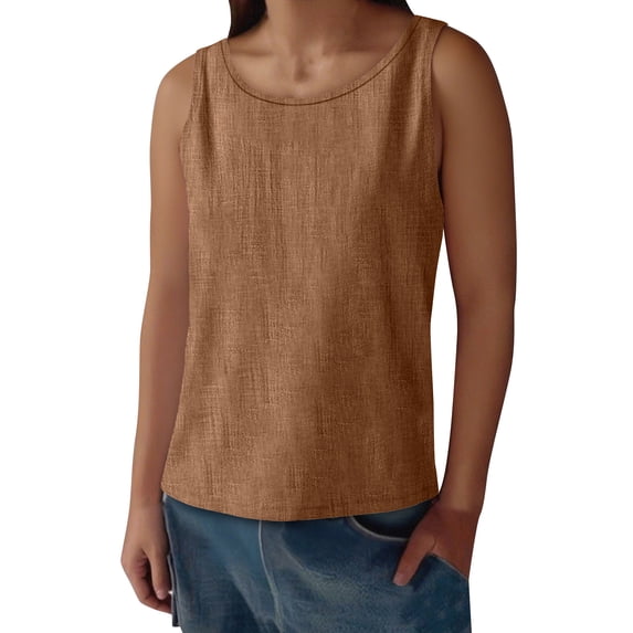 Womens Loose Fit Casual Tank Tops Crew Neck Brown Sleeveless Solid Color Loose Summer Tops Clothes Outfits 2025 2XL