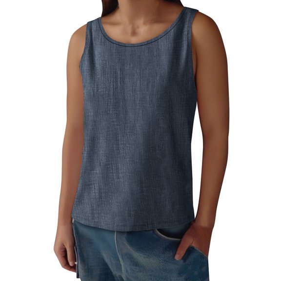 Womens Loose Fit Casual Tank Tops Round Neck Dark Blue Sleeveless Solid Color Loose Summer Tops Clothes Outfits 2025 5XL