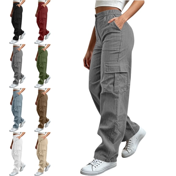 Womens Loose Fit Corduroy Wide Leg Cargo Pants Elastic Waist Button Zipper with Pockets Casual Trousers