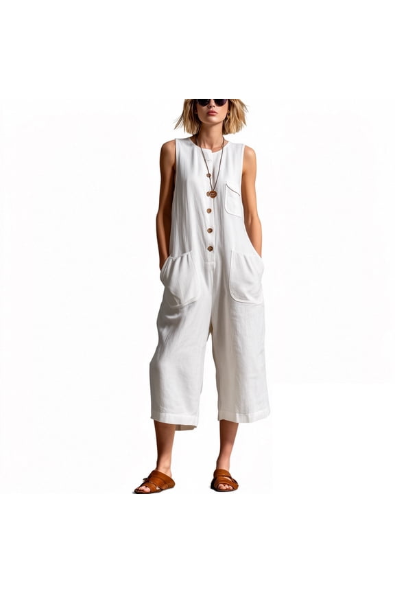 Womens Loose Fit Cotton Jumpsuit Sleeveless Summer Romper Button Down Cropped Pants Casual Wide Leg Overalls with Pockets,White,XXL
