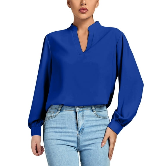 Womens Loose Fit Dressy Tops Lantern Long Sleeve Work Office Blouses V Neck Lightweight Business Casual Outfit (Large, Blue)