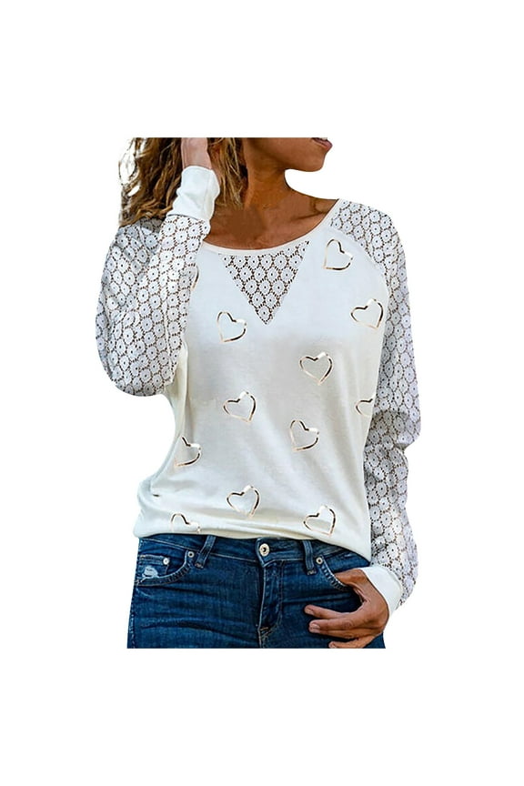 Womens Loose Fit Heart Printed V Neck T Shirts Striped Long Sleeve Tops