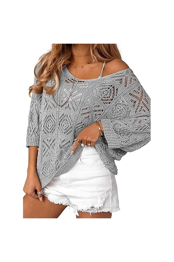 Womens Loose Fit Lace Yoke Short Sleeve Tops Oversized Casual Summer Spring T-Shirts 2026 Silver XXL