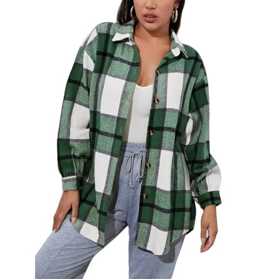 Womens Loose Fit Plaid Flannel Shirts Casual Long Sleeve Button Down Jacket Outerwear Vintage Grid Coat Tops