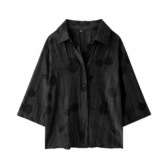 Womens Loose Fit Solid Color Printed Floral Casual Blouse Short Sleeve V-Neck Button Down Tunic Shirts