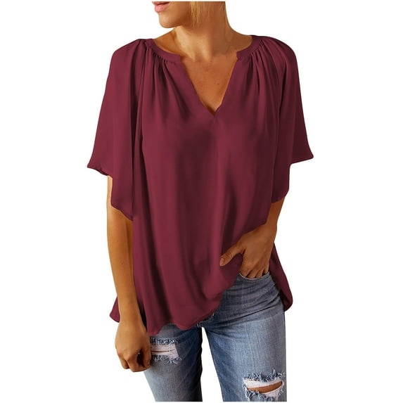Womens Loose Fit Summer T Shirts V Neck Short Sleeve Tees Flowy Dressy Casual Blouses Oversized Plain T Shirts (L, Wine)