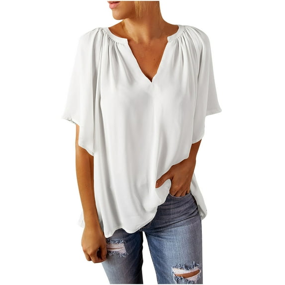 Womens Loose Fit Summer T Shirts V Neck Short Sleeve Tees Flowy Dressy Casual Blouses Oversized Plain T Shirts (M, White)