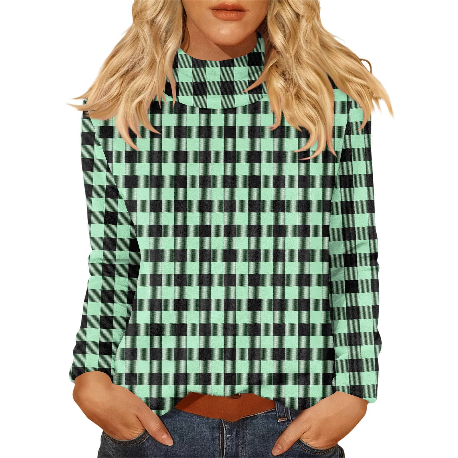 Womens Loose Fit Sweatshirts Turtleneck Pullover Plaid Long Sleeve ...