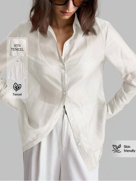 Womens Loose Fit Tencel Shirt White Long Sleeve Casual Button Down Blouse