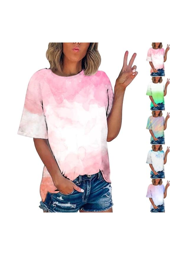 Womens Loose Fit Tshirts Short Sleeve Gradient Color Summer Tops Casual Workout Yoga Tunic T Shirts Tops Fashion Trendy Round Neck Shirts Loose Casual Tshirts Athletic Tops for Women