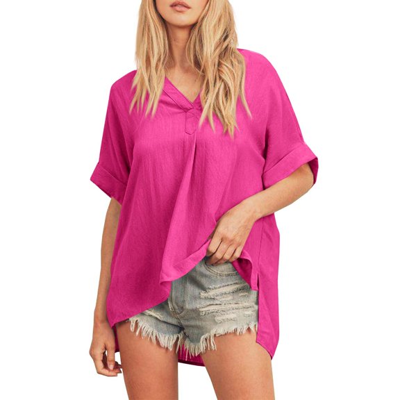 Womens Loose Fit Tshirts Women's Fashion Casual Loose Comfort Solid Colour Short Sleeve V Neck Tee Shirts