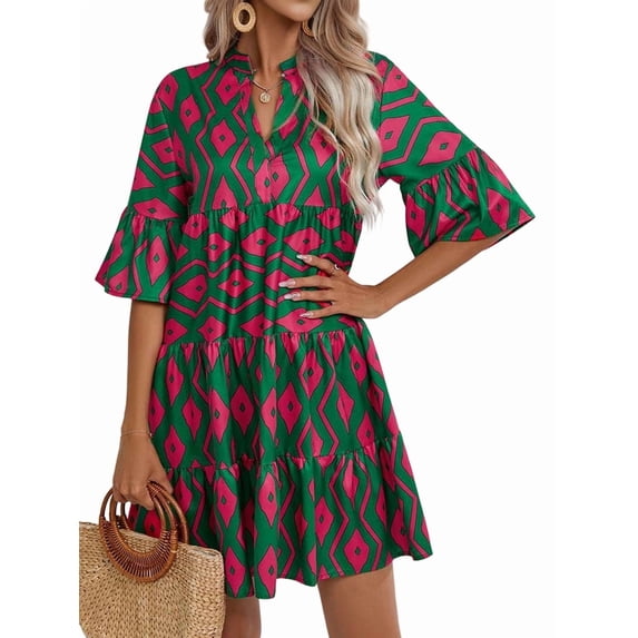 Womens Loose Fit V Neck Casual Short Dress Summer Flowy Mini Dress Beach 10996 Green M