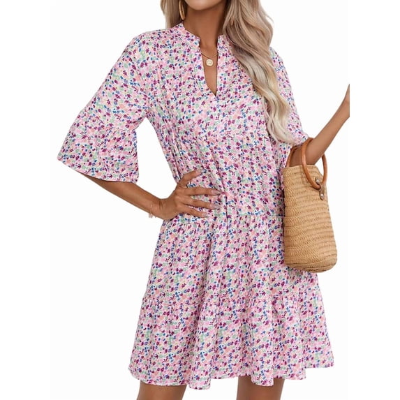 Womens Loose Fit V Neck Casual Short Dress Summer Flowy Mini Dress Beach 10996 Pink S